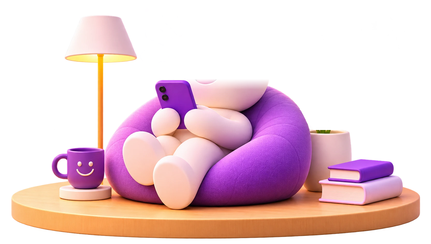 Smiling character relaxing on a purple bean bag, looking at a phone